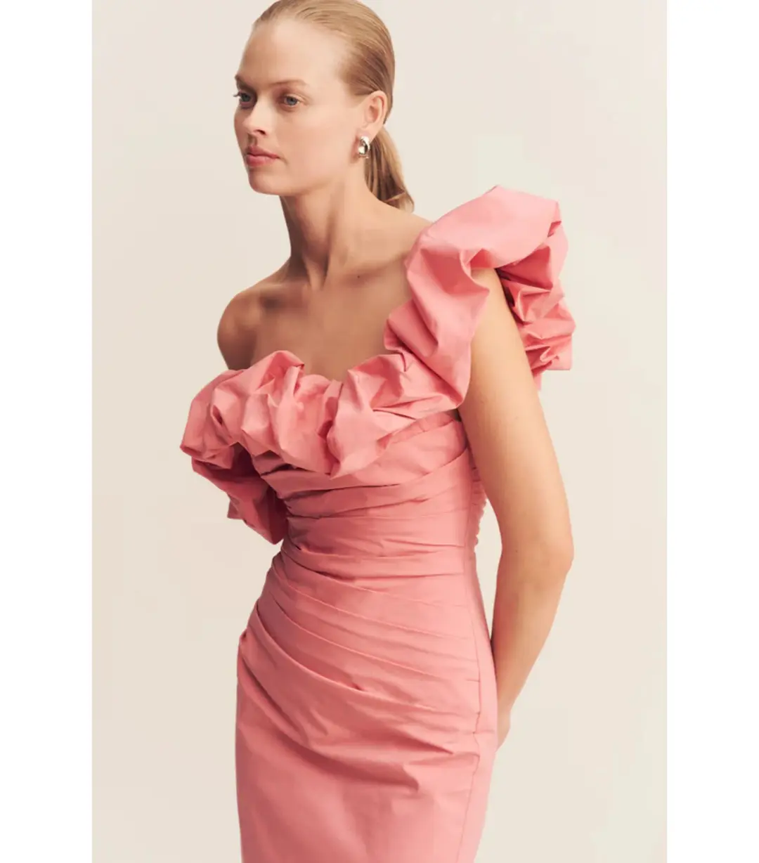 Shona Joy Campbell Ruffle Draped Maxi Dress in Bubblegum Size AU 10 for rent on The Volte - main image