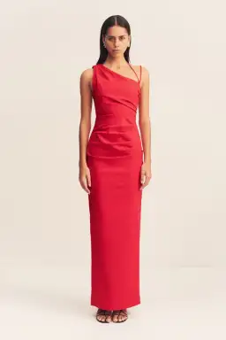 Shona Joy Lani Asymmetrical Gathered Midi Dress Red Size 6