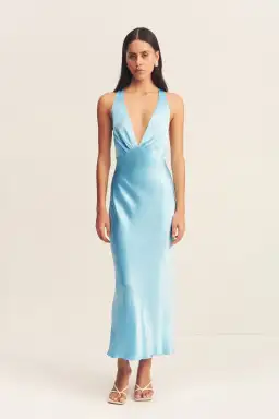 Shona Joy La Lune Plunged Cross Back Midi Dress in Iceberg Blue Size 8
