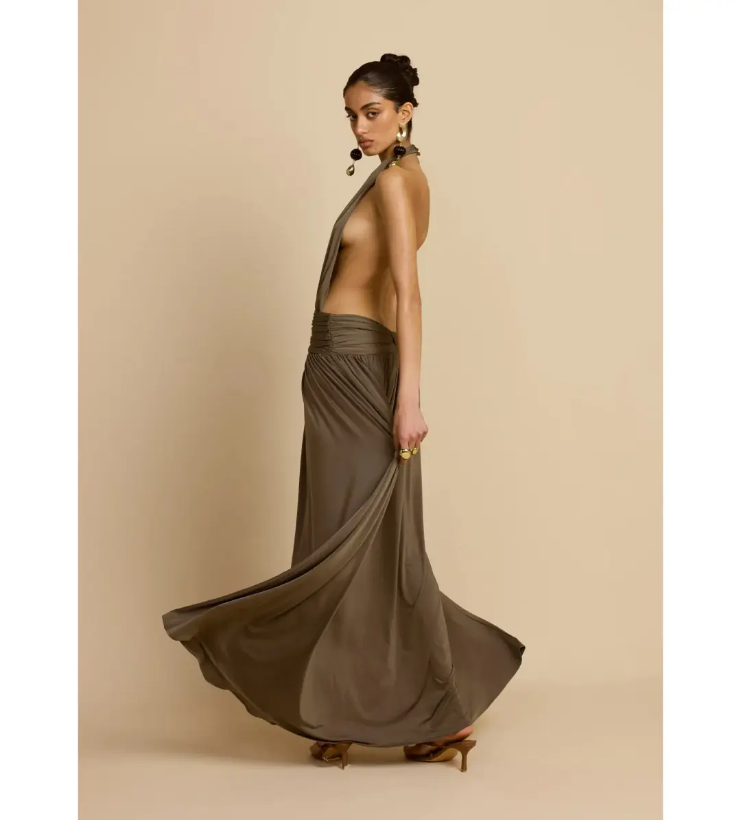 Arcina Ori Satina Maxi Dress Khaki Size AU 6 for rent on The Volte - main image