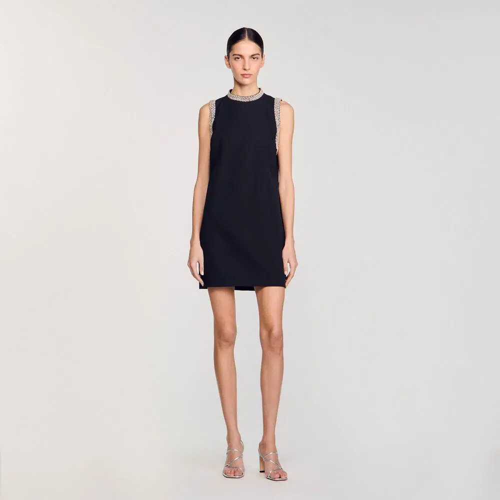 Sandro Rhinestone Embellished Mini Dress Black Size AU 12 for rent on The Volte - main image