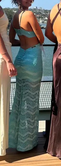 Amy Taylor Couture Lace Aqua Blue Gown Size 8 for rent on The Volte - image 3