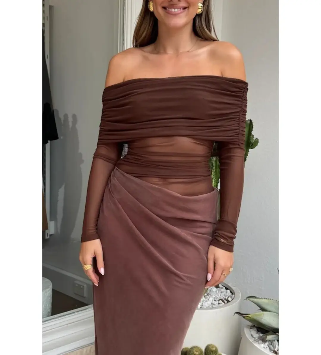 BENNI Yasmin Off-Shoulder Maxi Dress Chocolate Size AU 6 for rent on The Volte - main image