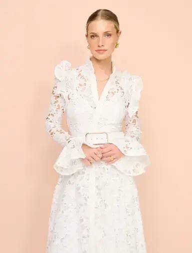 Leo Lin Aliyah Lace Butterfly Sleeve Midi Dress in Snow / White Size 10 for rent on The Volte - main image
