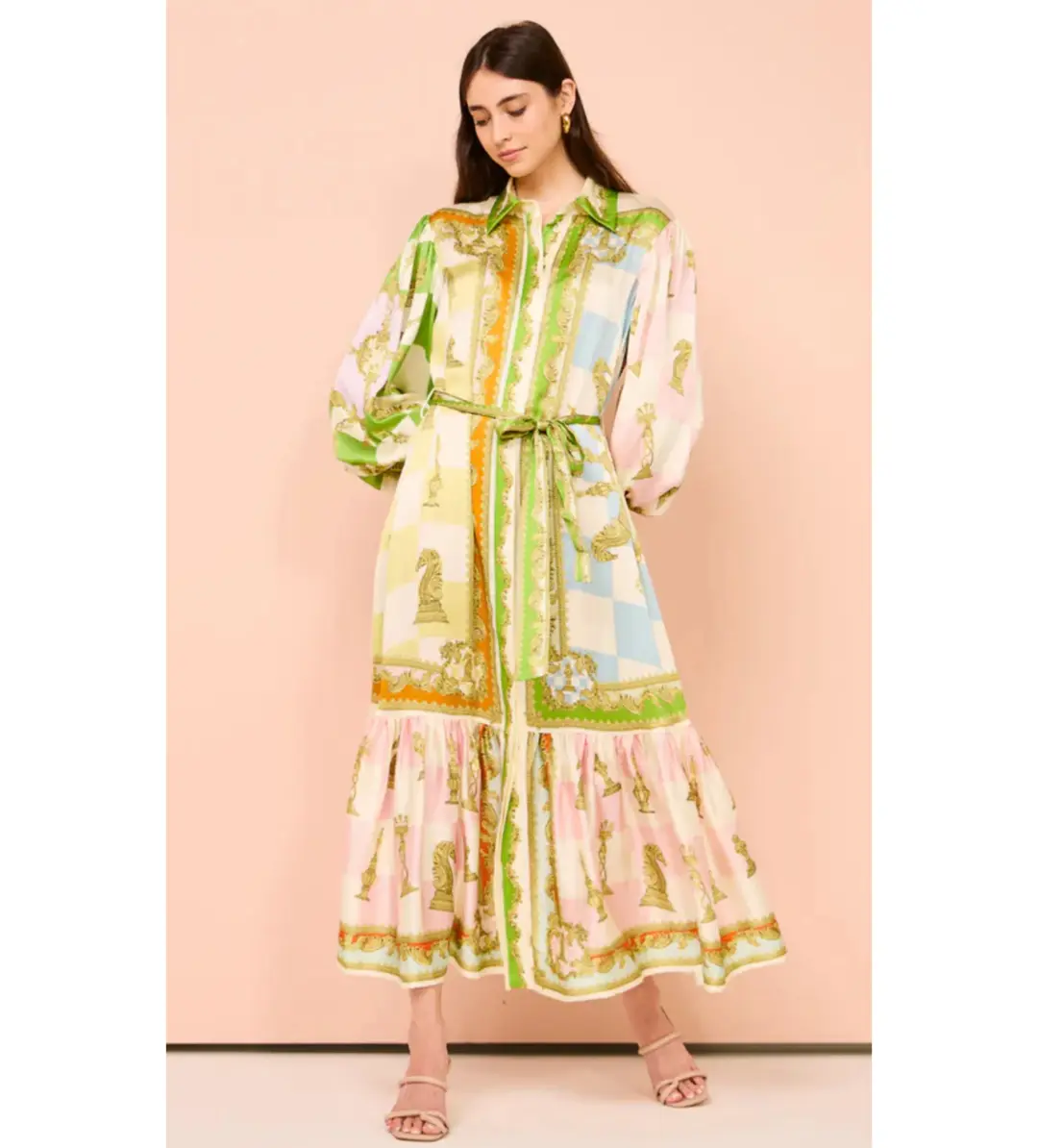 Alemais Checkmate Silk Midi Shirtdress in Multi Size AU 8 for rent on The Volte - main image