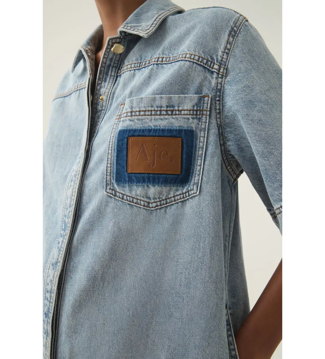 Aje Aura Denim Mini Tunic Dress Sea Spray Wash Size 6 for rent on The Volte - main image