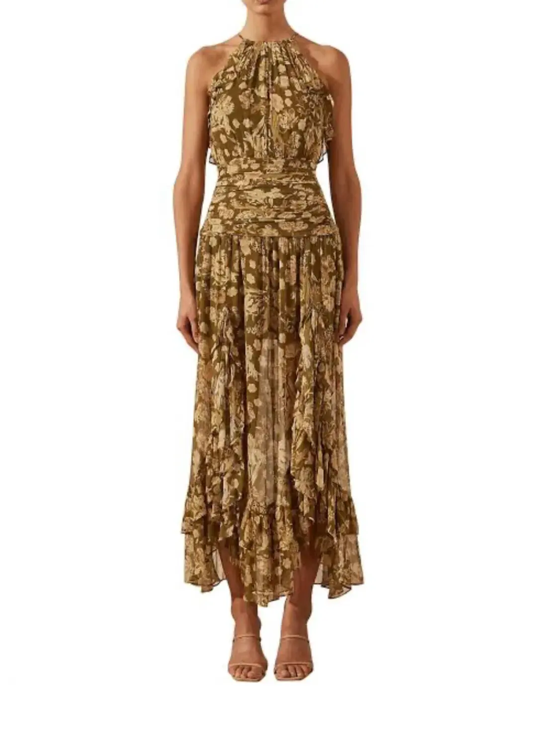 Shona Joy Rosaline Ruched Split Maxi Dress in Brown Floral Print Size AU 10 for rent on The Volte - main image