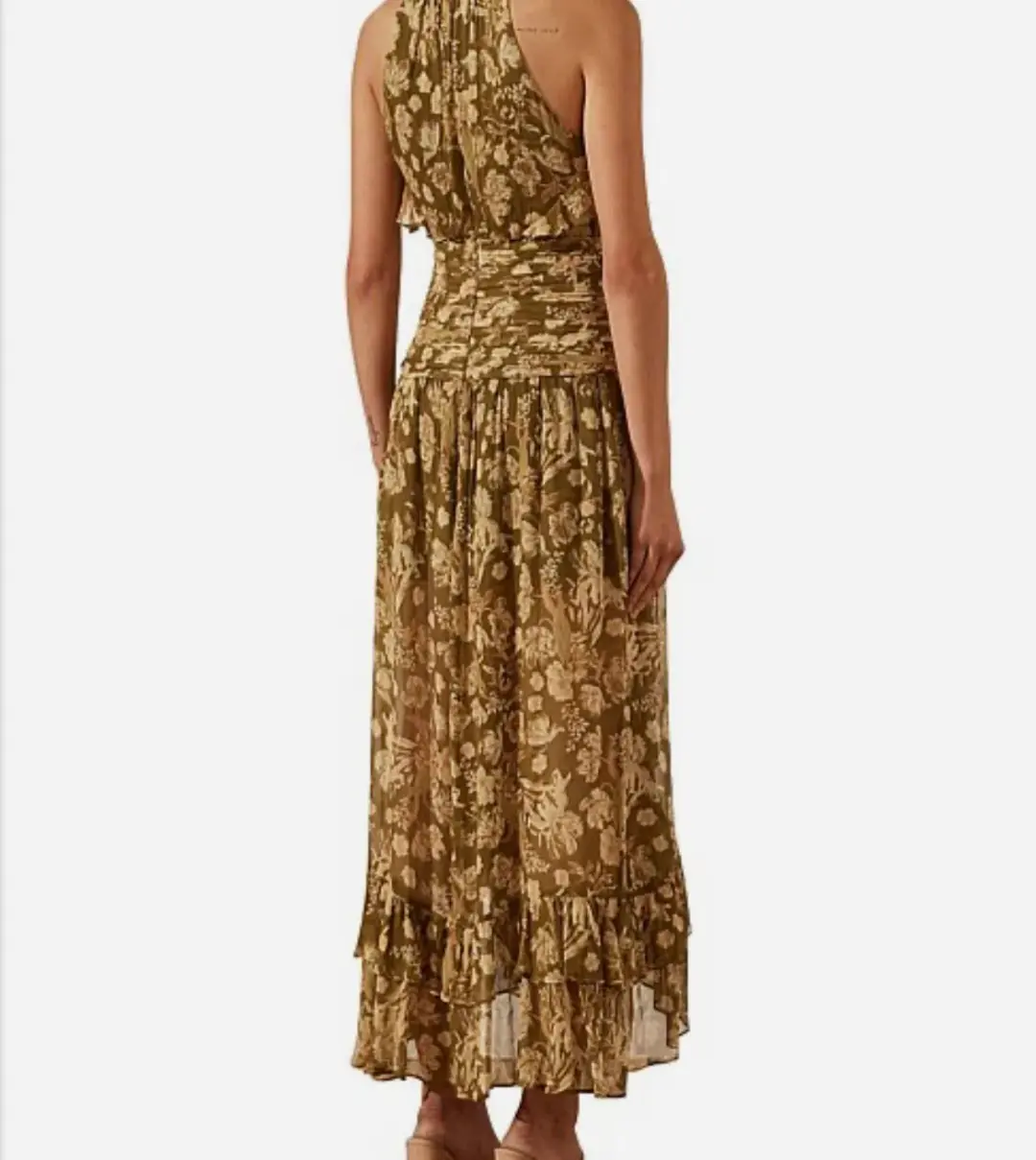 Shona Joy Rosaline Ruched Split Maxi Dress in Brown Floral Print Size AU 10 for rent on The Volte - main image