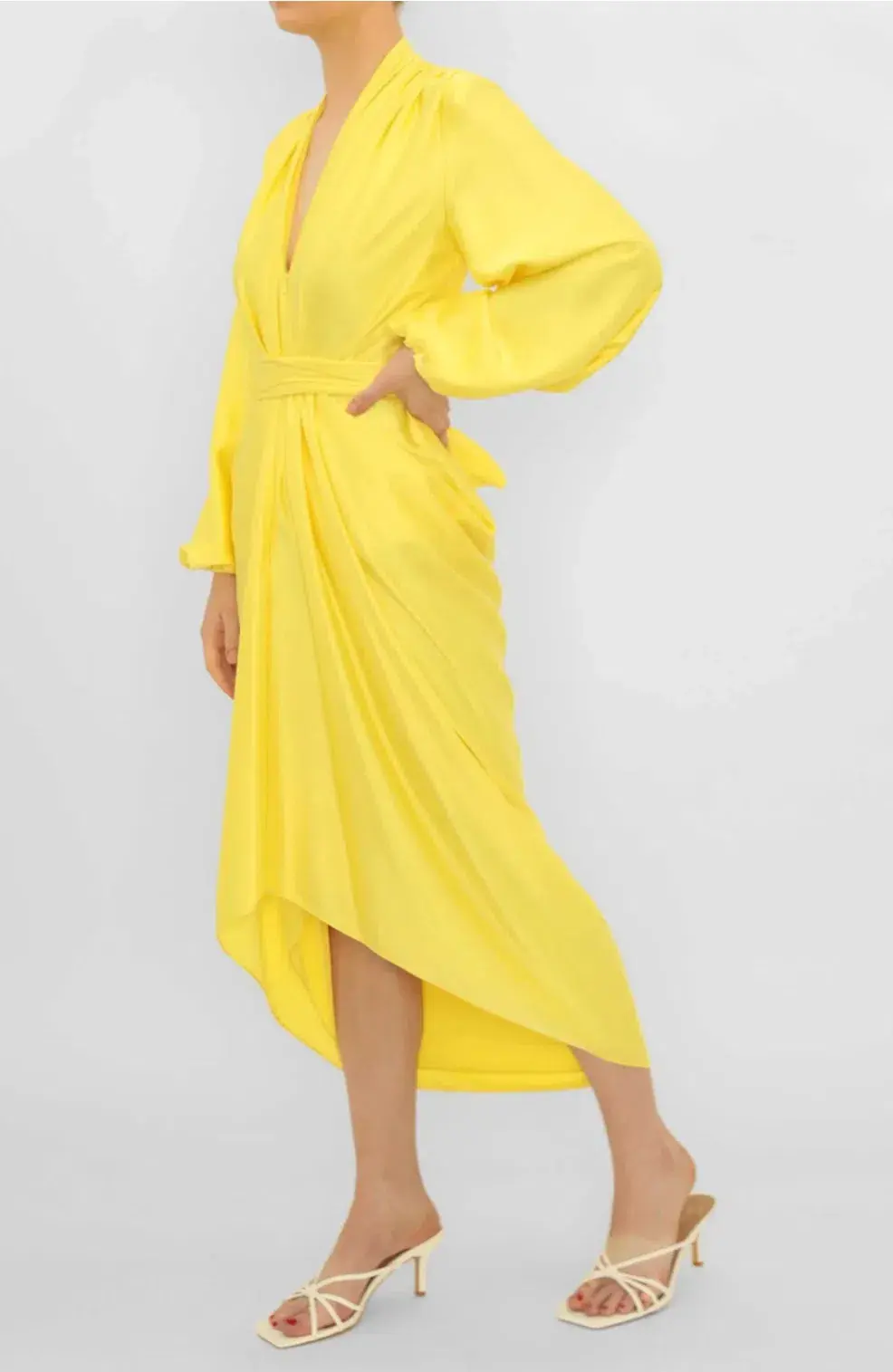 Carla Zampatti V-Neck Waterfall Midi Dress Yellow Size 10 for rent on The Volte - main image