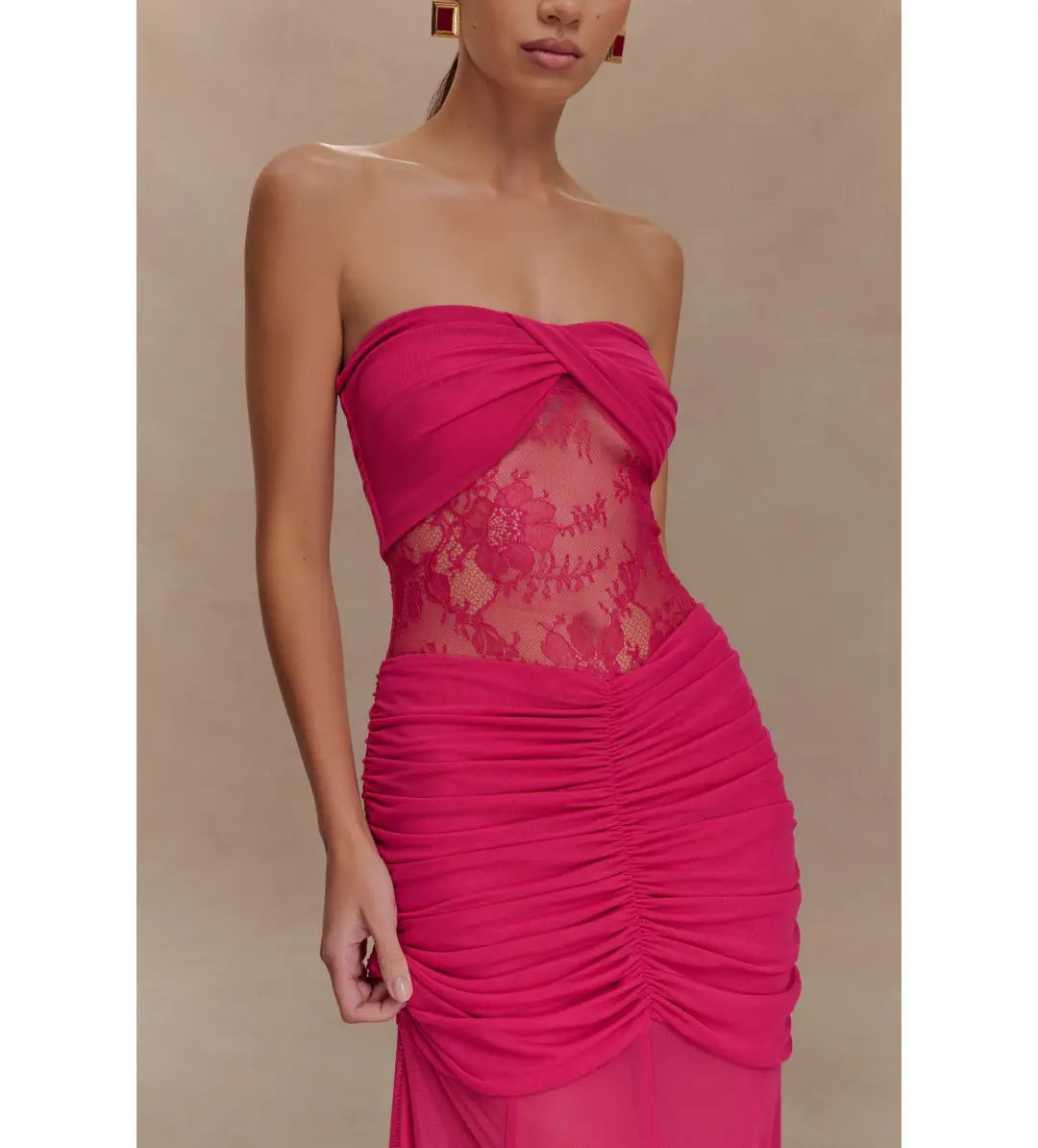 Meshki Khadijah Lace And Mesh Maxi Dress in Dragonfruit Size S / AU 8 for rent on The Volte - main image