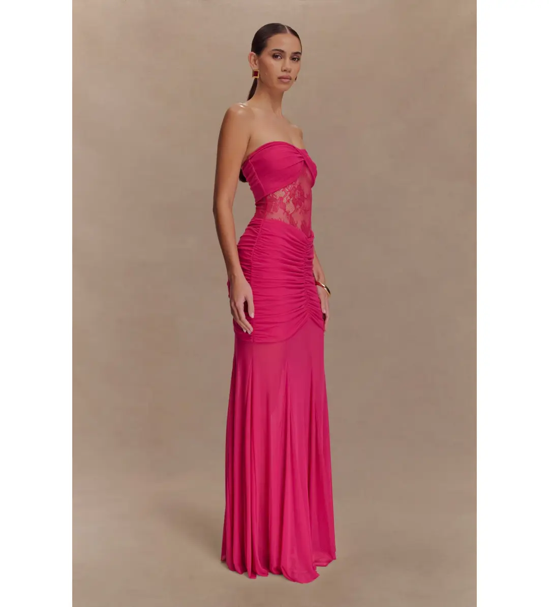 Meshki Khadijah Lace And Mesh Maxi Dress in Dragonfruit Size S / AU 8 for rent on The Volte - main image