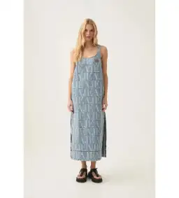 Aje Nostalgia Denim Midi Dress Coastal Logo Wash Size AU 6