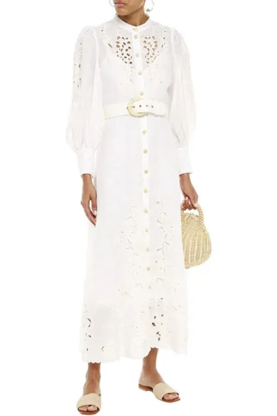 Zimmermann Peggy Belted Broderie Midi Dress White Size AU 12 for rent on The Volte - main image