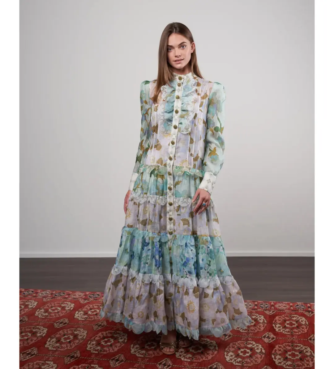 Zimmermann Rhythm Scalloped Silk Maxi Dress in Blue Size 1/ AU 10 for rent on The Volte - main image