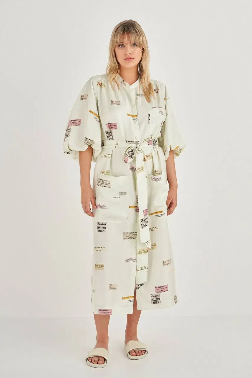 Oroton Short Sleeve Spaced Label Midi Dress Beige Size 8 for rent on The Volte - main image