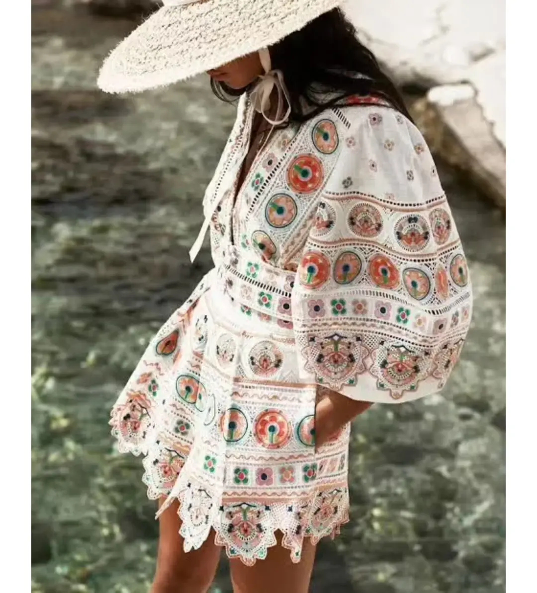 Zimmermann Brighton Plunge Embroidered Floral Mini Dress in Multi Size 0/ 8 AU for rent on The Volte - main image