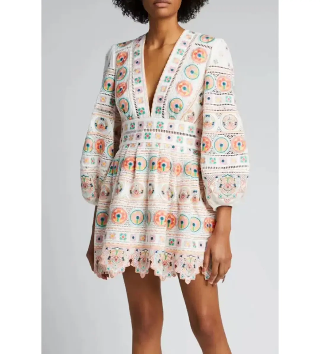 Zimmermann Brighton Plunge Embroidered Floral Mini Dress in Multi Size 0/ 8 AU for rent on The Volte - main image