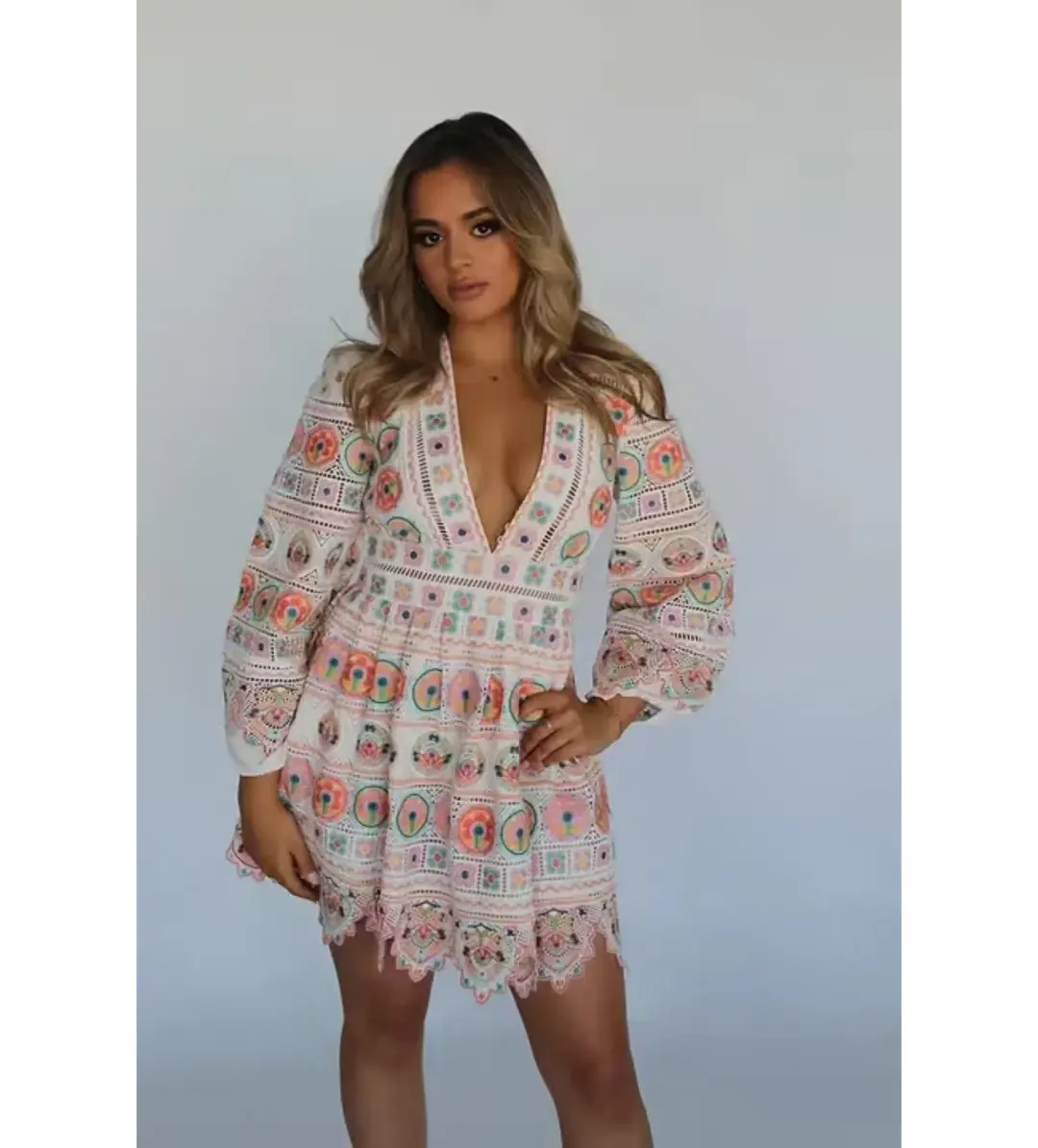 Zimmermann Brighton Plunge Embroidered Floral Mini Dress in Multi Size 0/ 8 AU for rent on The Volte - main image