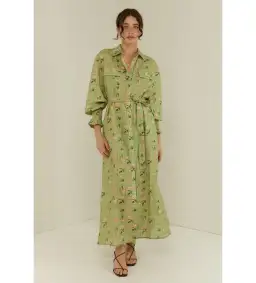 Palm Noosa Marigold Maxi Dress Green Floral Tile Size 8