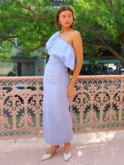 By Nicola Maya Bubble Frill Maxi Dress In Cornflower Blue Size AU 12 for rent on The Volte - image 4