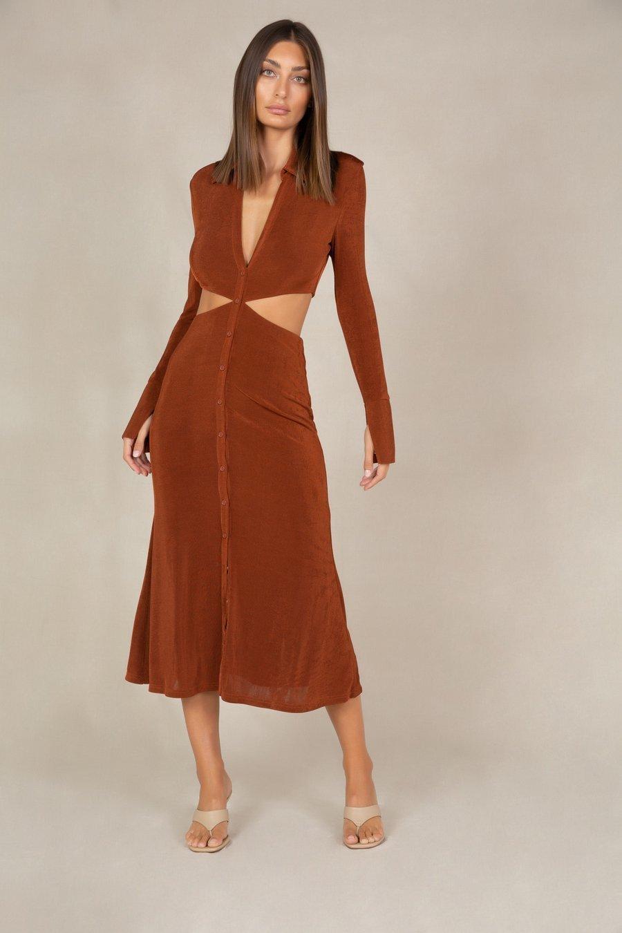 MISHA Salona Midi Dress Brown Size 12 for rent on The Volte - main image