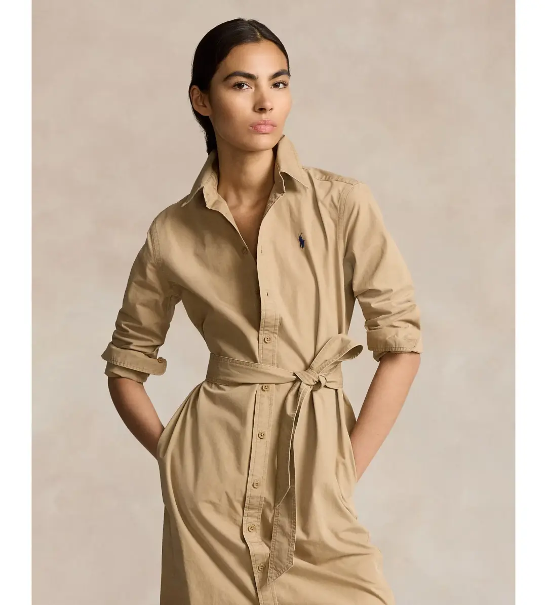 Ralph Lauren Polo Belted Cotton Midi Shirt Dress Beige Size 10 for rent on The Volte - main image