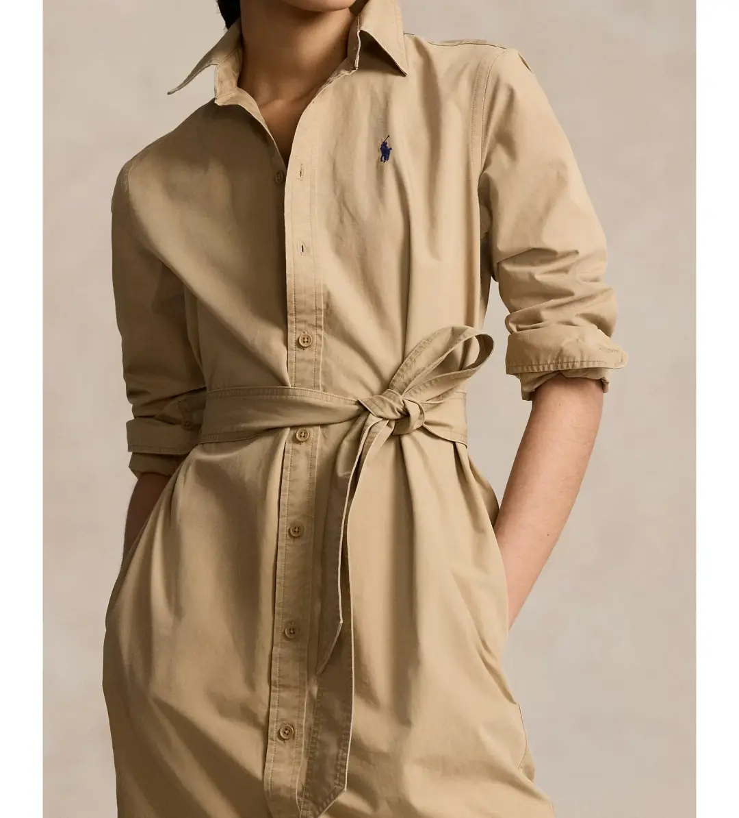 Ralph Lauren Polo Belted Cotton Midi Shirt Dress Beige Size 10 for rent on The Volte - main image