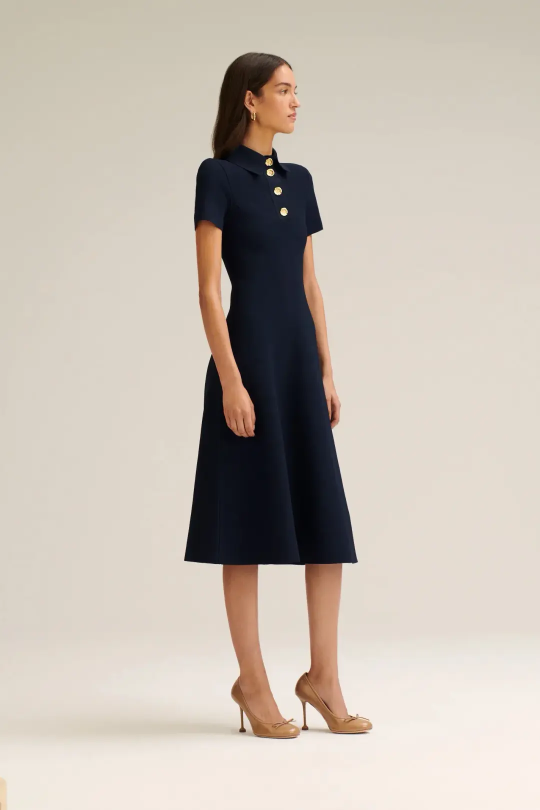 Scanlan Theodore Crepe Knit Poppy Shirt Midi Dress in Navy Size 10 for rent on The Volte - main image