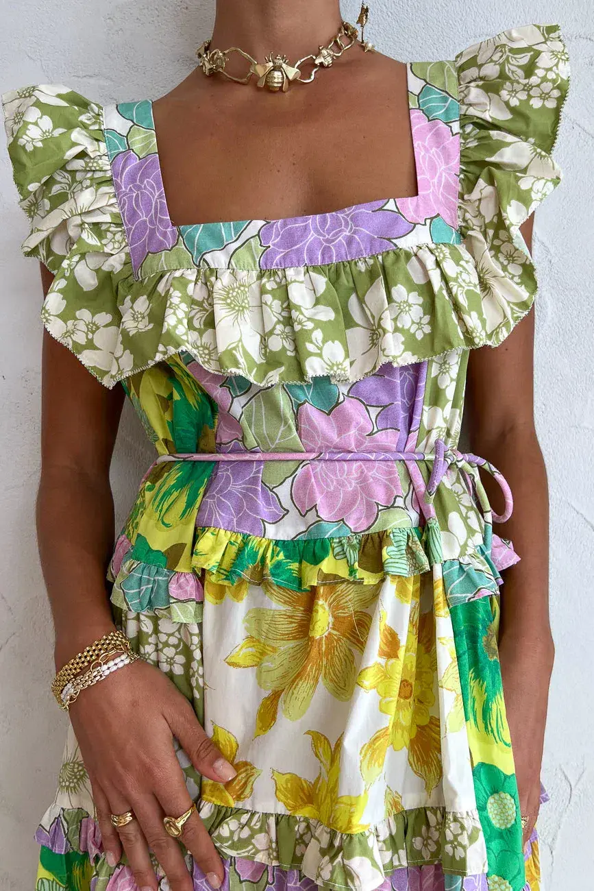 Alemais Elora Patchwork Tiered Multi Print Midi Dress Size 14 for rent on The Volte - main image