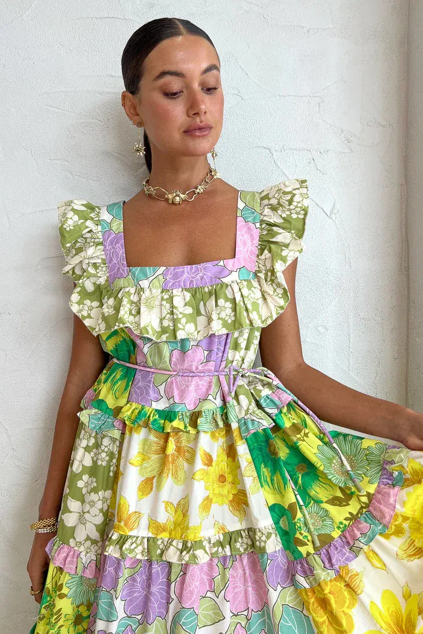 Alemais Elora Patchwork Tiered Multi Print Midi Dress Size 14 for rent on The Volte - main image