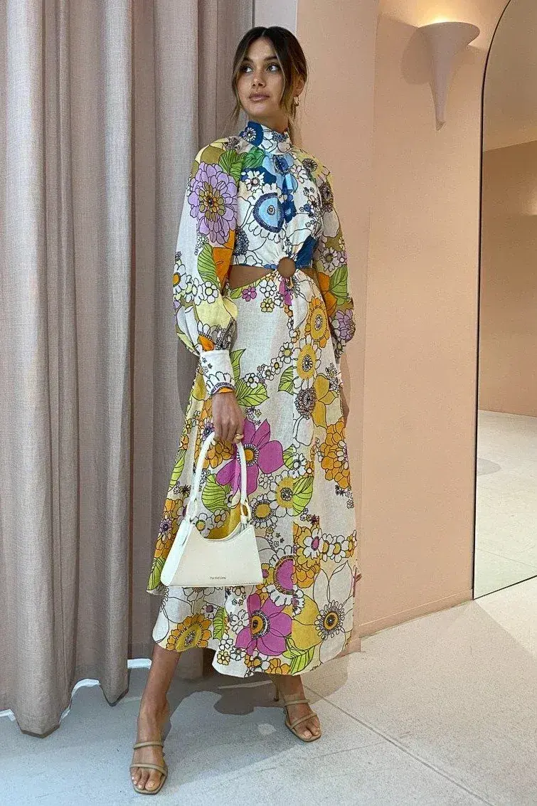 Alemais Farrah Linen Midi Dress Floral Size 10 for rent on The Volte - main image