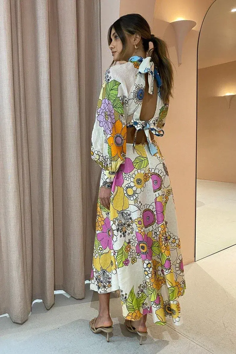 Alemais Farrah Linen Midi Dress Floral Size 10 for rent on The Volte - main image