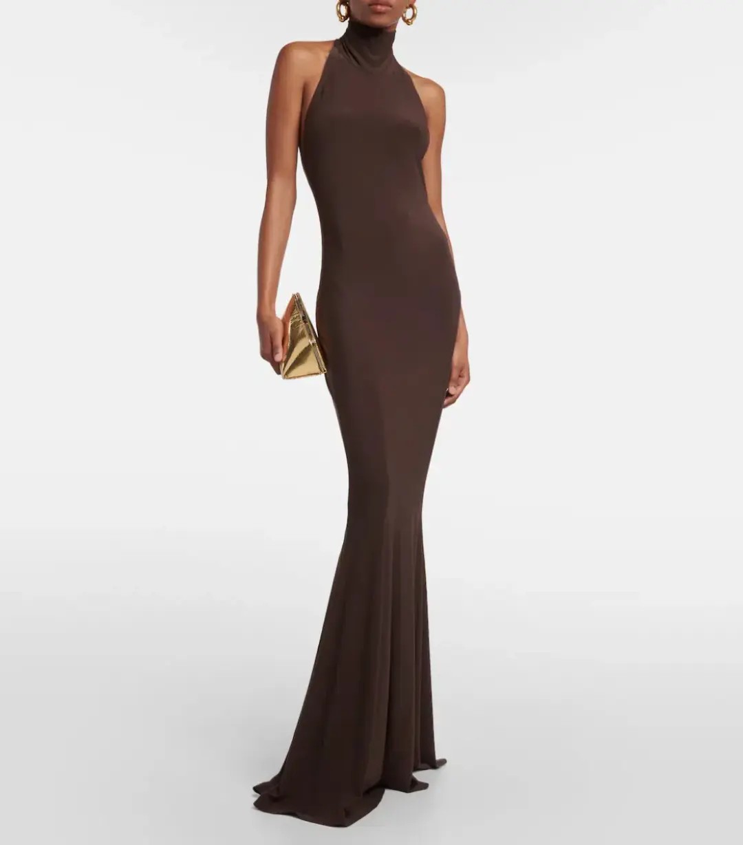 Norma Kamali Halter Turtle Fishtail Gown Brown Size 8 for rent on The Volte - main image