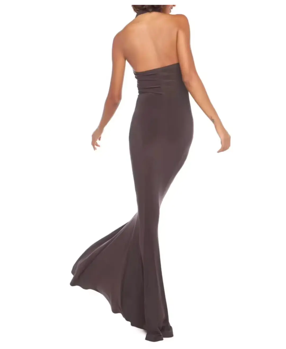 Norma Kamali Halter Turtle Fishtail Gown Brown Size 8 for rent on The Volte - main image
