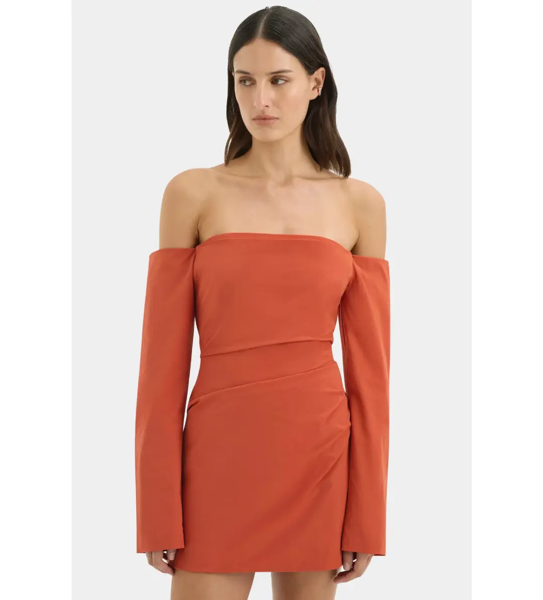 Sir the Label Rossana Off Shoulder Mini Dress Terracotta Size 0 AU 6 for rent on The Volte - main image
