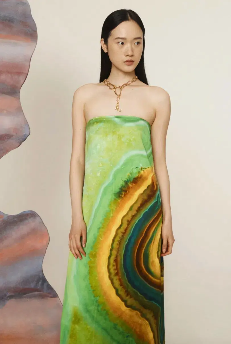 Alémais Iris Maxi Strapless Gown Green Print Size 16 for rent on The Volte - main image