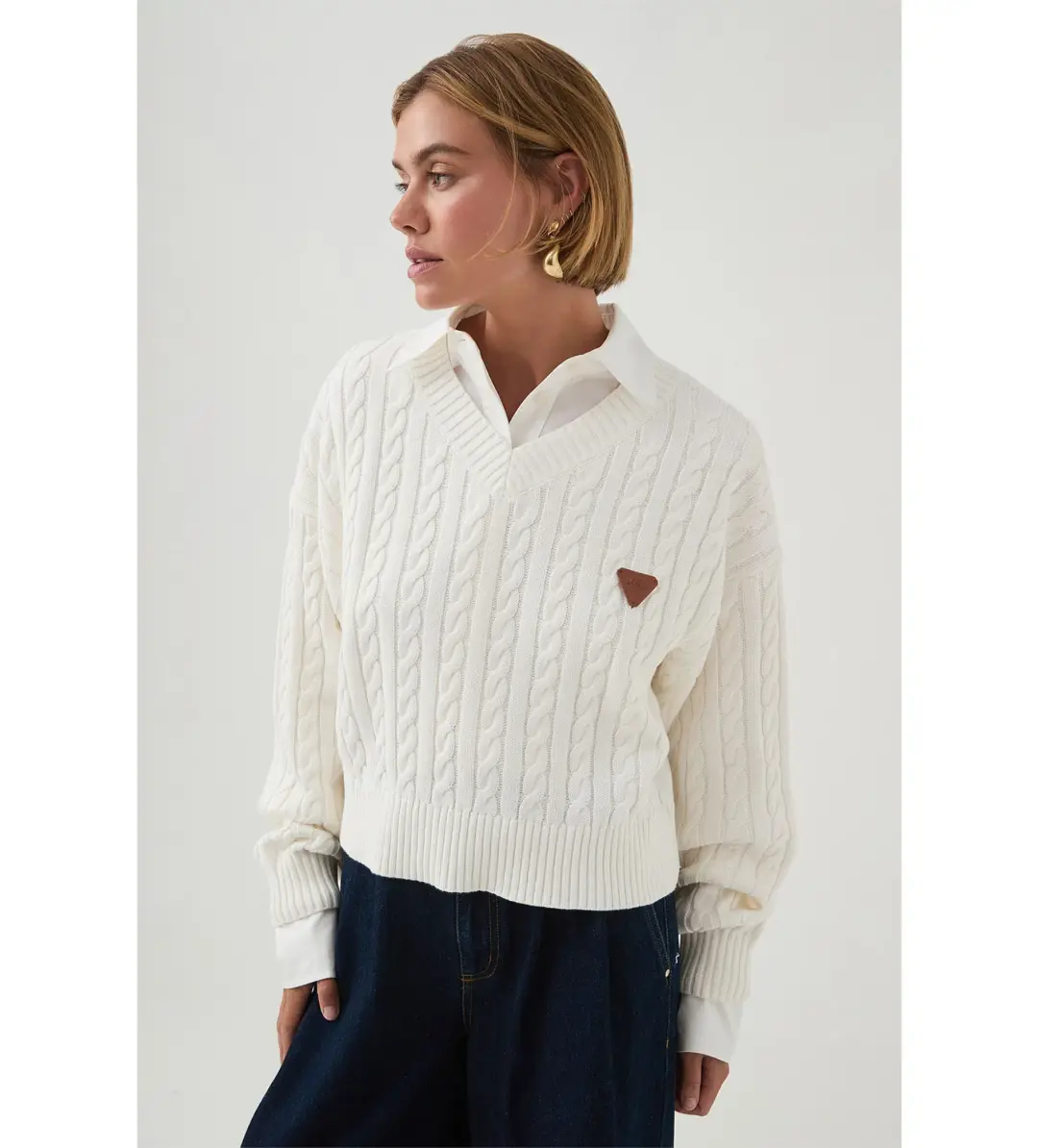 Aje Naia Cropped Cable Knit in Ivory Size for rent on The Volte - main image
