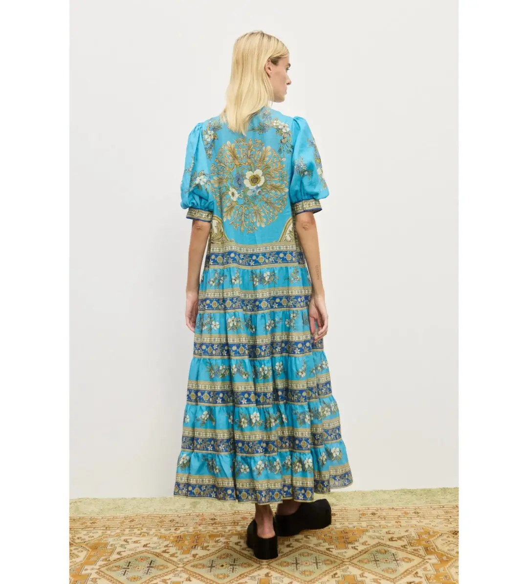Alemais Cassie Tiered Midi Dress Blue Floral Size AU 8 for rent on The Volte - main image