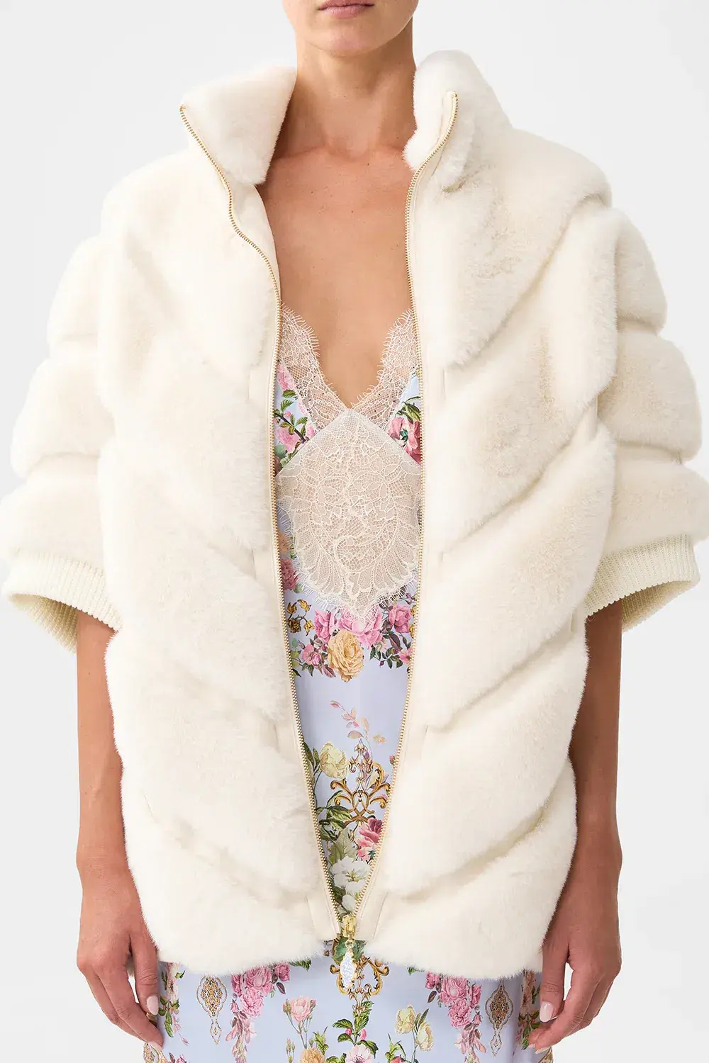 Camilla Tiled Time Faux Fur Short Sleeve Slouch Jacket White (M/L-AU12/14) for rent on The Volte - main image