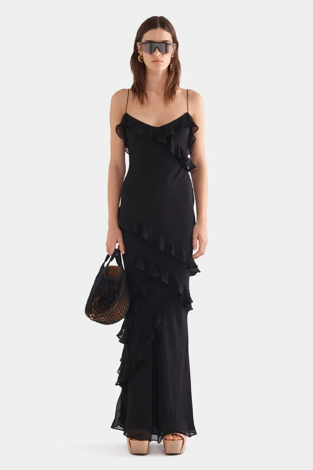 Venroy Silk Ruffle Slip Maxi Dress Black Size S / Size 8 for rent on The Volte - main image