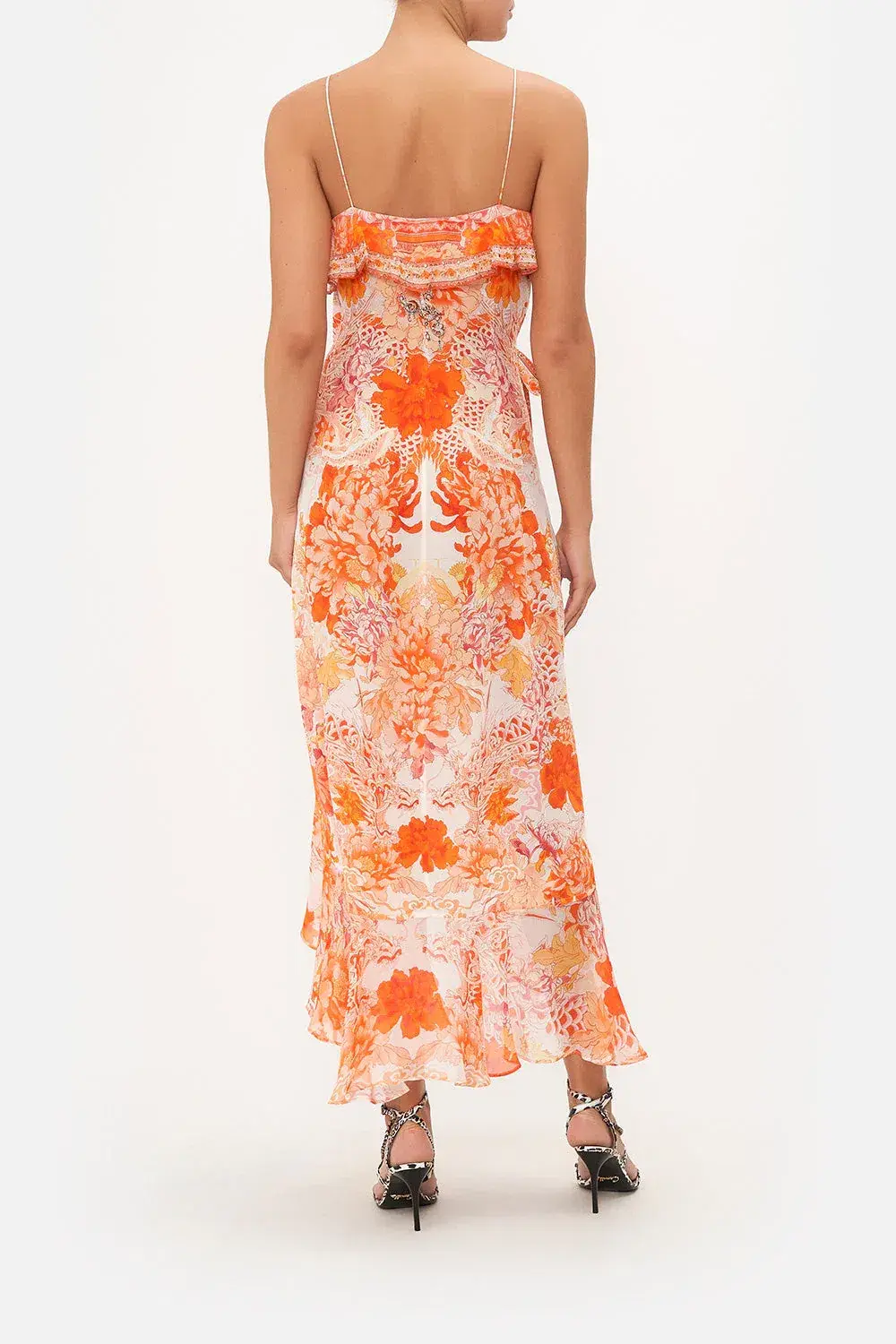 Camilla Long Wrap Dress With Frill Orange Print Size L / AU 14 for rent on The Volte - main image