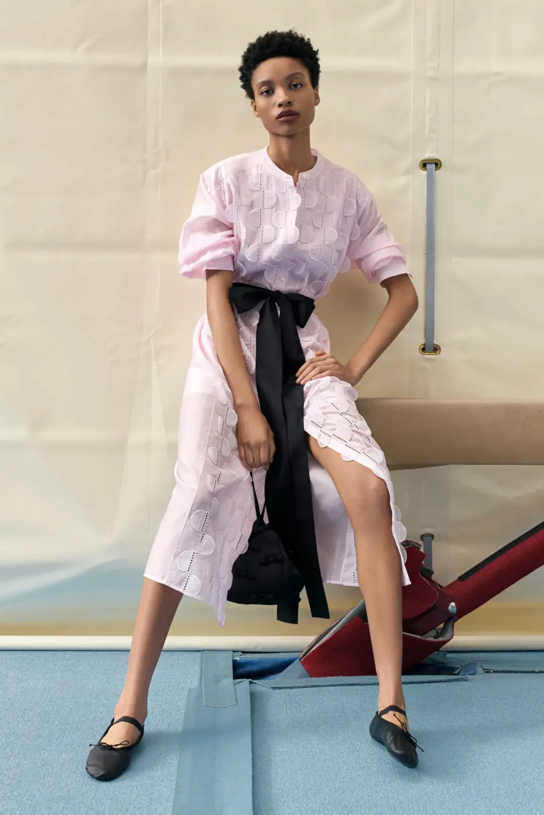 Oroton Scallop Lace Shirt Midi Long Sleeve Dress Pink Rose Size AU 16 for rent on The Volte - main image