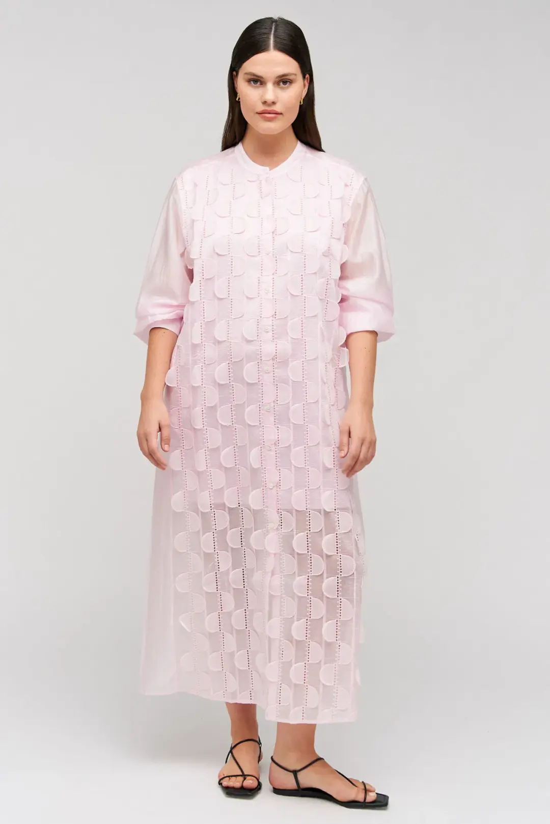 Oroton Scallop Lace Shirt Midi Long Sleeve Dress Pink Rose Size AU 16 for rent on The Volte - main image