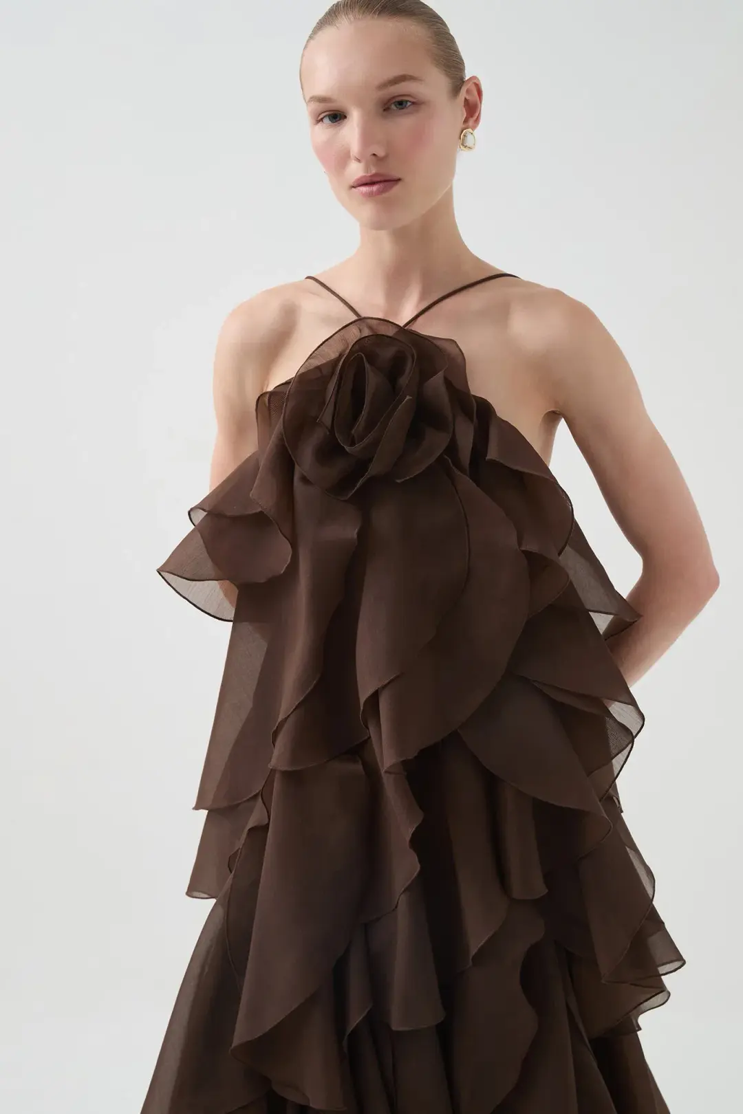 Aje Pandorea Layered Maxi Dress in Carob Brown Size AU 6 for rent on The Volte - main image