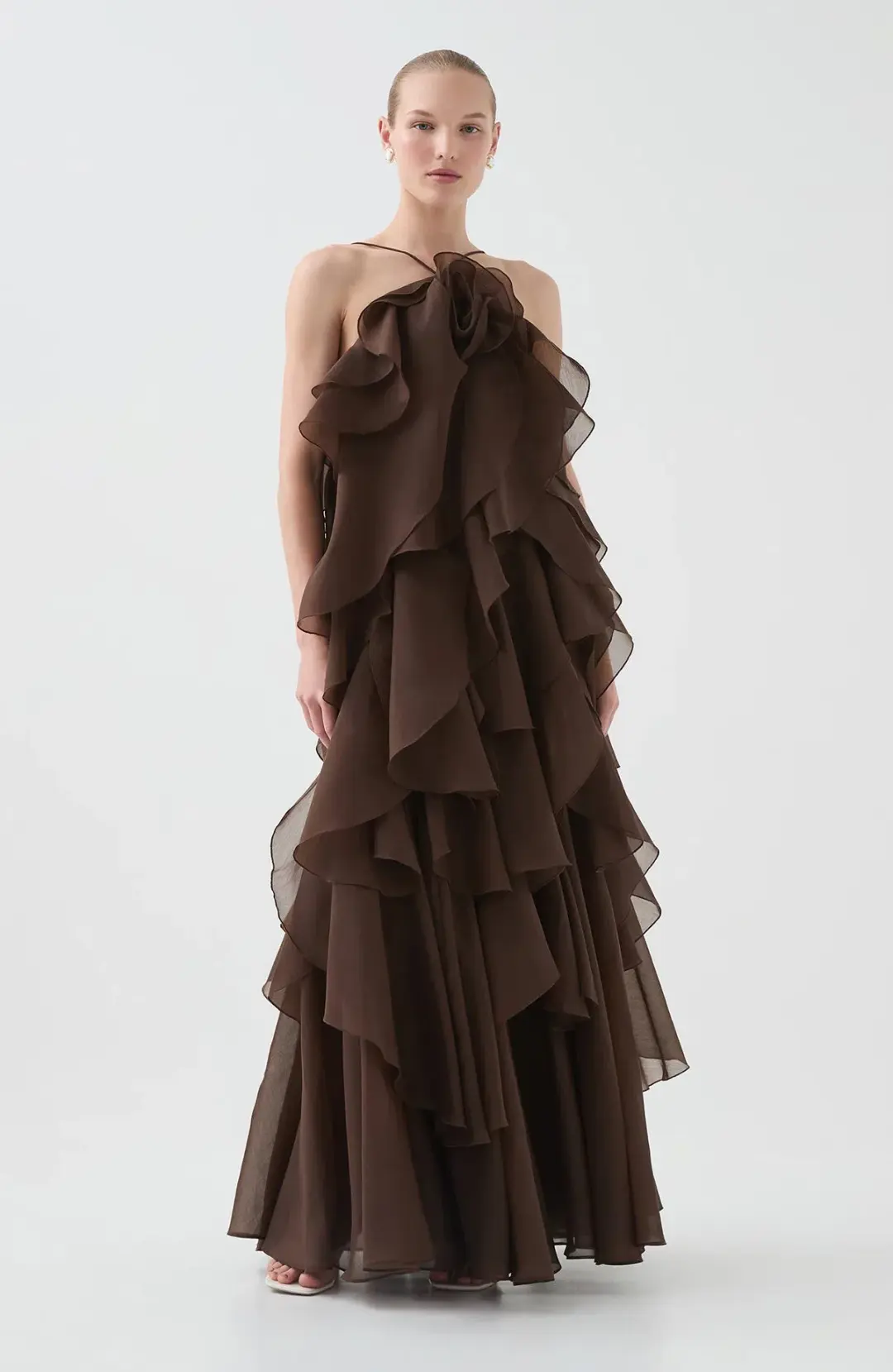 Aje Pandorea Layered Maxi Dress in Carob Brown Size AU 10 for rent on The Volte - main image