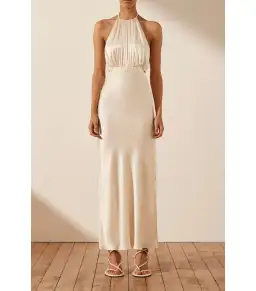 Shona Joy Milo Ruched Open Back Midi Dress in Coconut Size AU 12