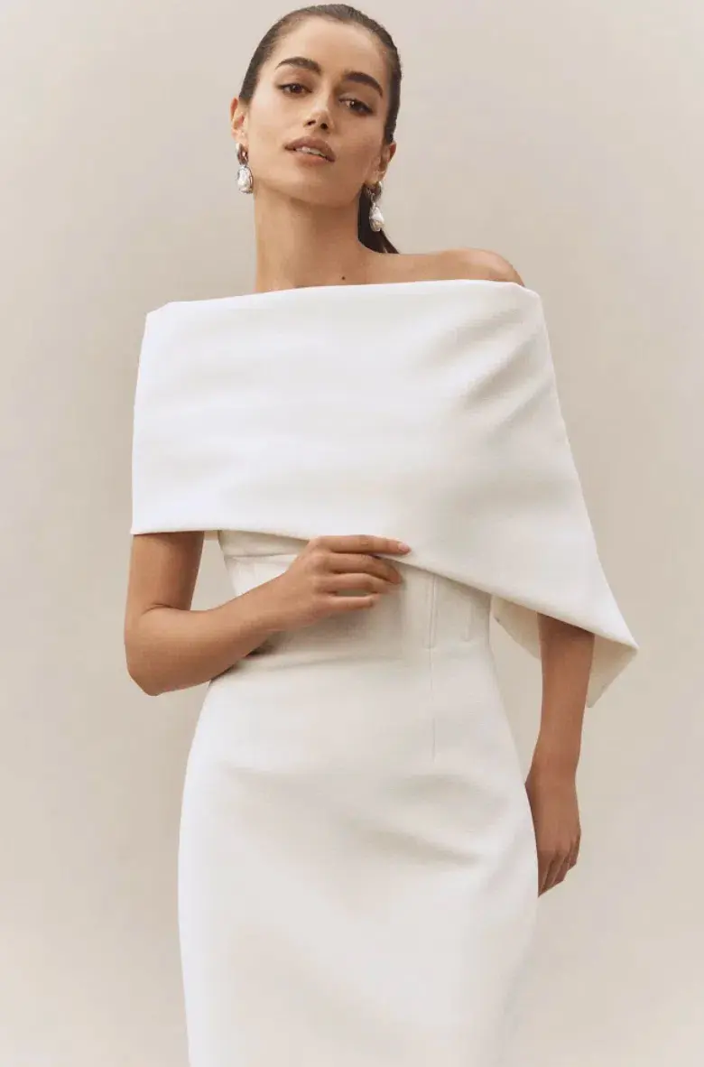 Rachel Gilbert Clara Stretch Crepe Wedding Dress Midi Ivory Size 0 AU 6 for rent on The Volte - main image