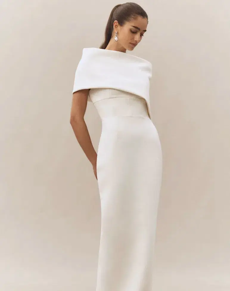 Rachel Gilbert Clara Stretch Crepe Wedding Dress Midi Ivory Size AU 8 for rent on The Volte - main image