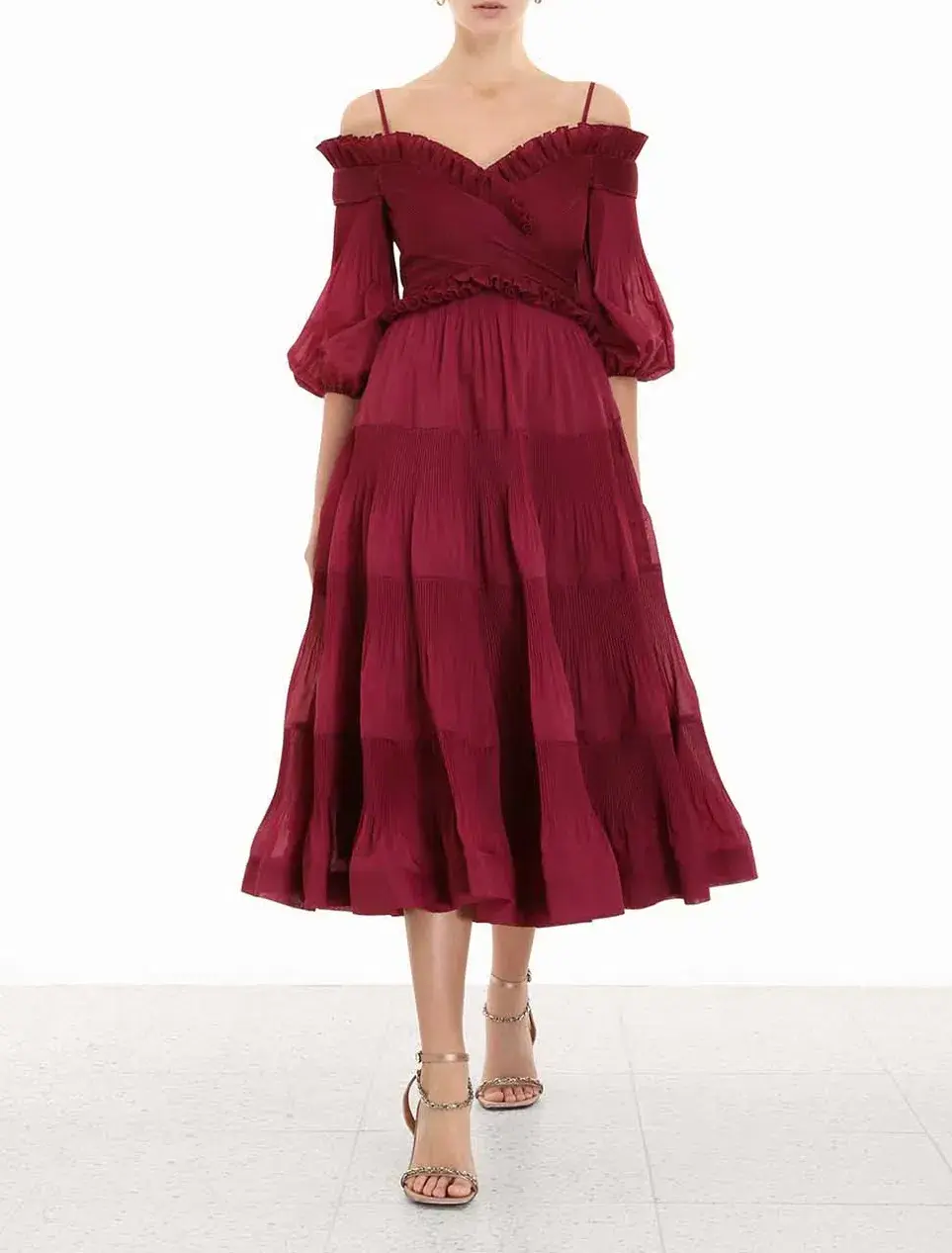 Zimmerman Pleated Off Shoulder Midi Dress Berry Size 1/AU 10 for rent on The Volte - main image