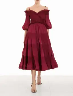 Zimmerman Pleated Off Shoulder Midi Dress Berry Size 1/AU 10 for rent on The Volte - image 1